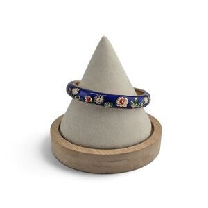 Jiu Long Xing Blue Enamel Floral Hinged Bangle Bracelet Gold Tone Signed